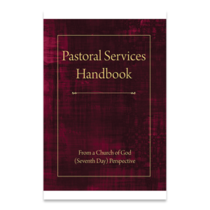 Red cover of 'Pastoral Services Handbook' detailing Church of God (Seventh Day) perspective.