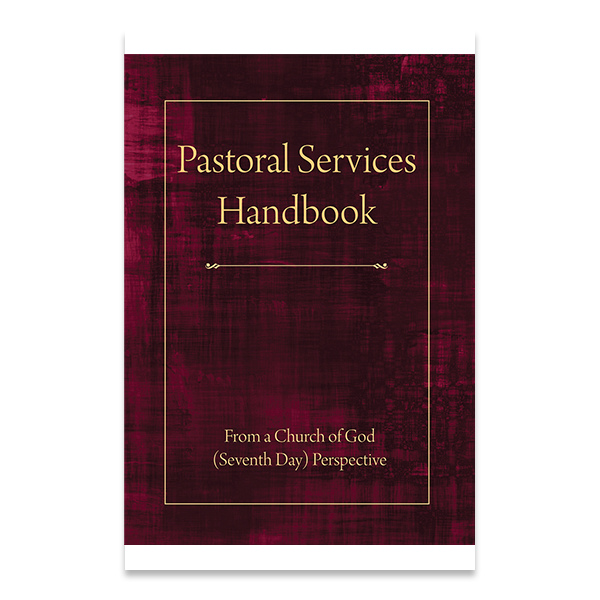 Red cover of 'Pastoral Services Handbook' detailing Church of God (Seventh Day) perspective.